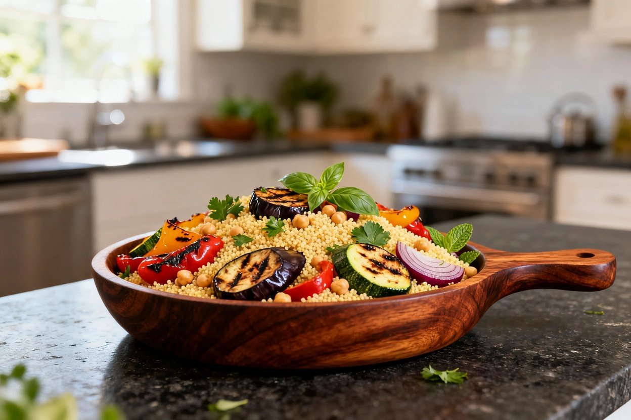 A perspective capturing the Mediterranean Grilled Vegetable Couscous dish. The dish, consisting of couscous and grilled vegetables, highlights the Mediterranean flair.