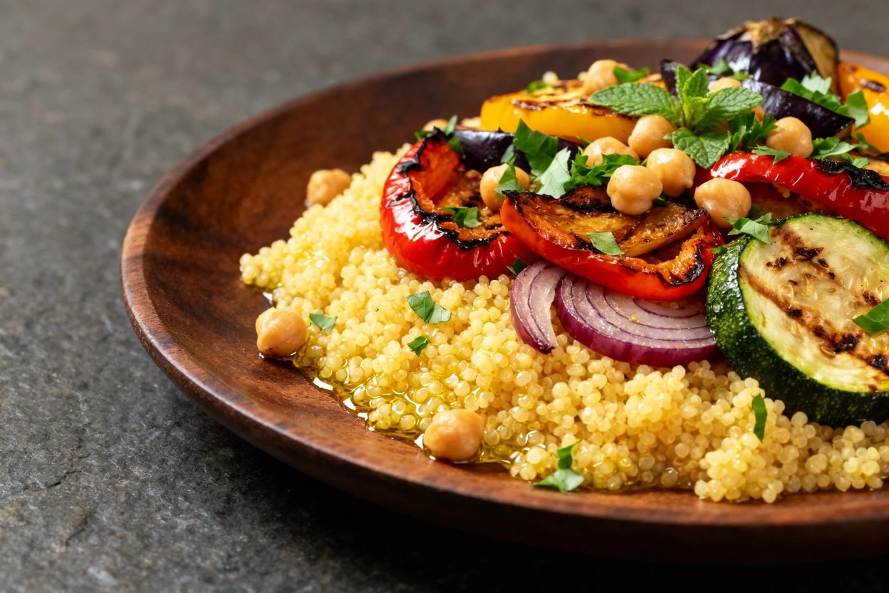 45 degrees, emphasizing the inviting texture of the Mediterranean Grilled Vegetable Couscous. The visual suggests a lively mixture of grains and vividly colored vegetables.