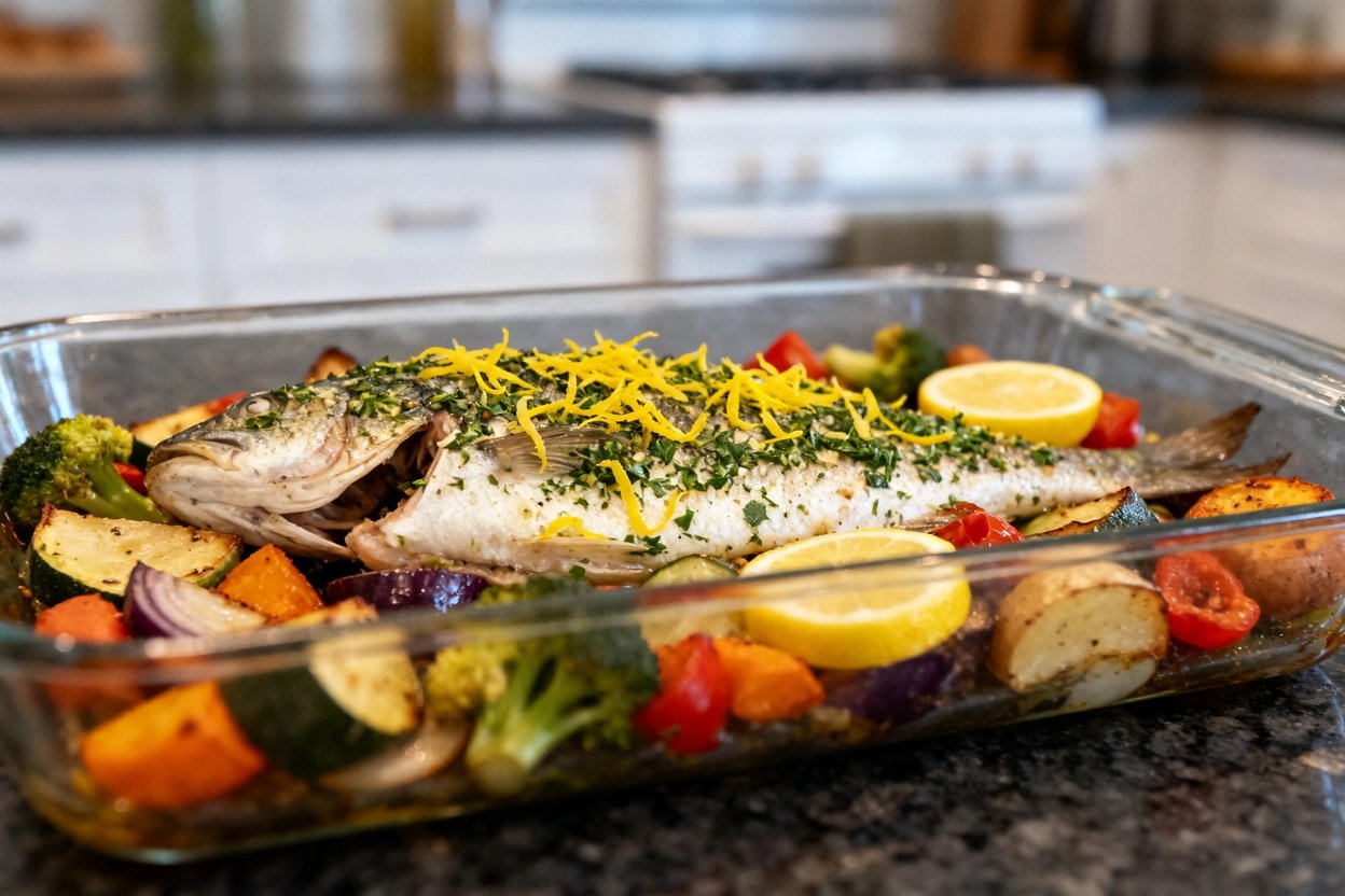 rees showing the Mediterranean Lemon Herb Baked Fish in the baking dish used for cooking, surrounded