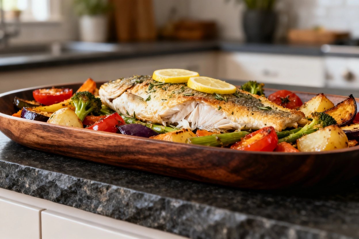 ing on the texture of the Mediterranean Lemon Herb Baked Fish, with emphasis on the moist, flaky fis