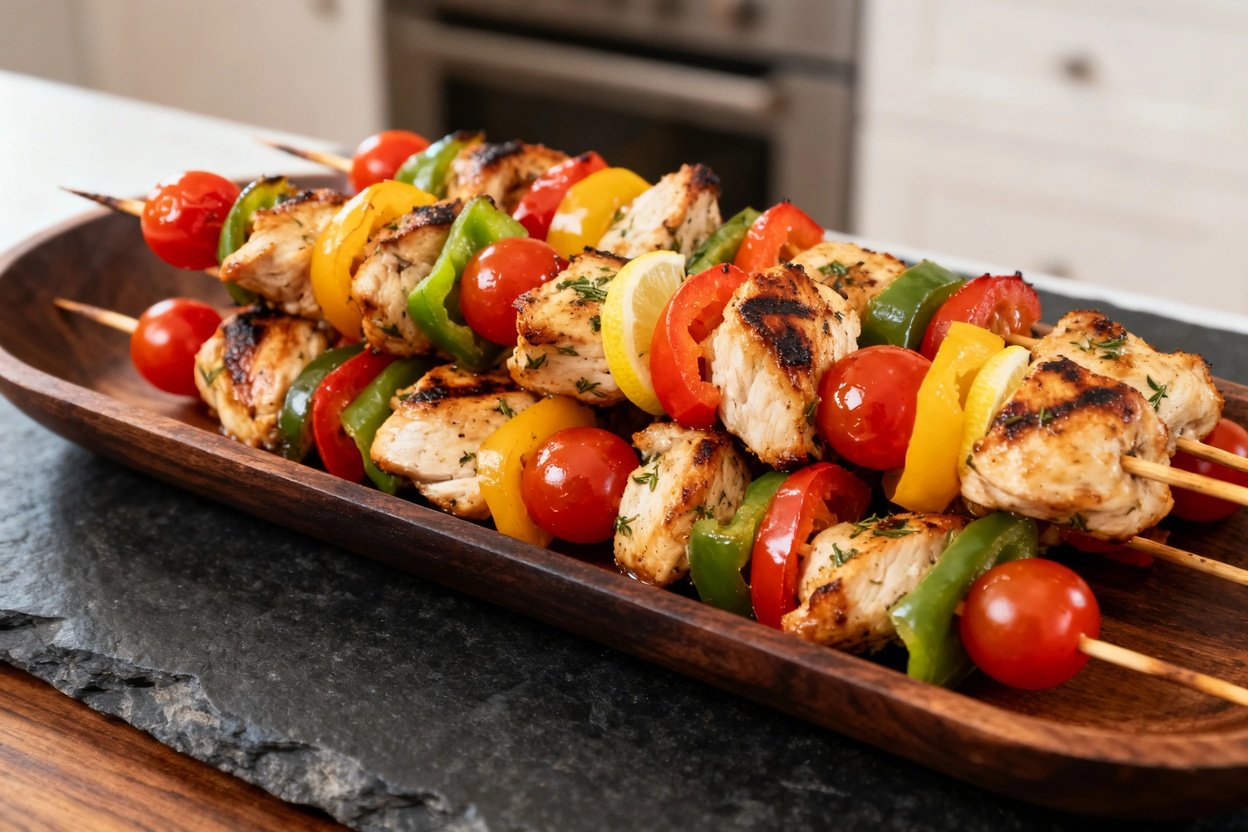t of Mediterranean Lemon Herb Grilled Chicken Skewers, highlighting the texture and char on the mari