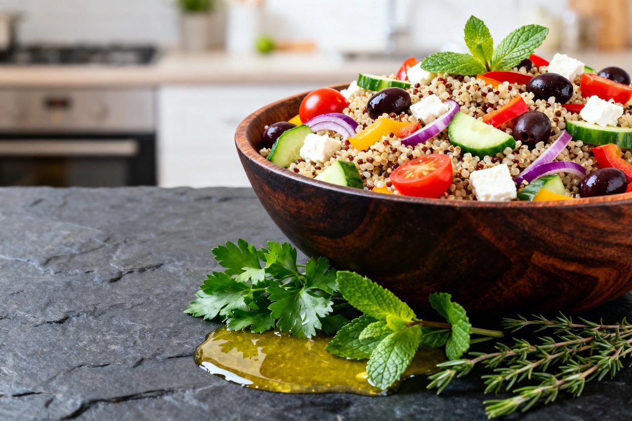 -40 degrees shot of the Mediterranean quinoa salad, shown in a large dark wood bowl. The same mixtur