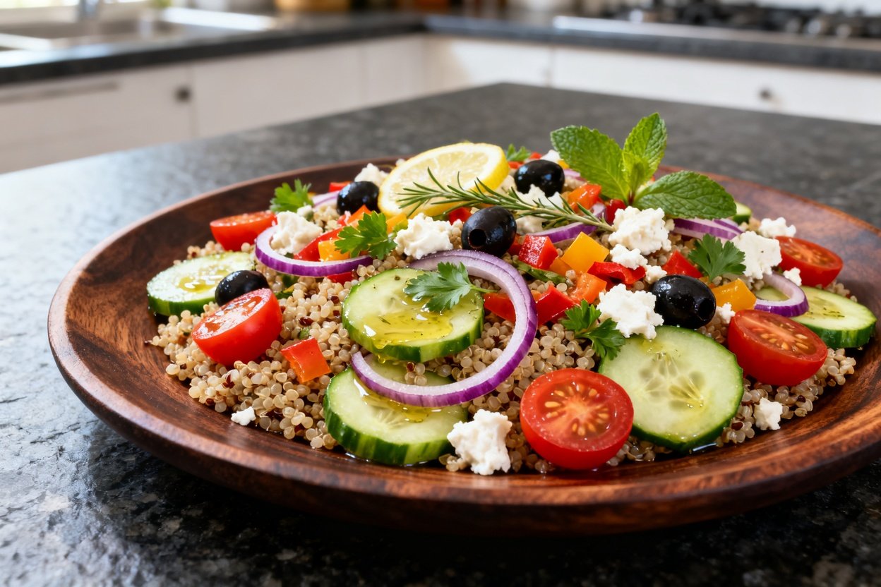 30-45 degrees of the Mediterranean quinoa salad, tightly focused to emphasize its texture. The dish