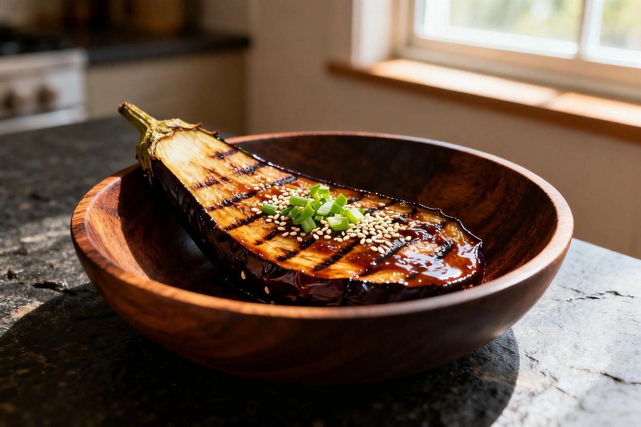 nd 30–40 degrees) of the same grilled eggplant with miso glaze. The same piece of eggplant with iden