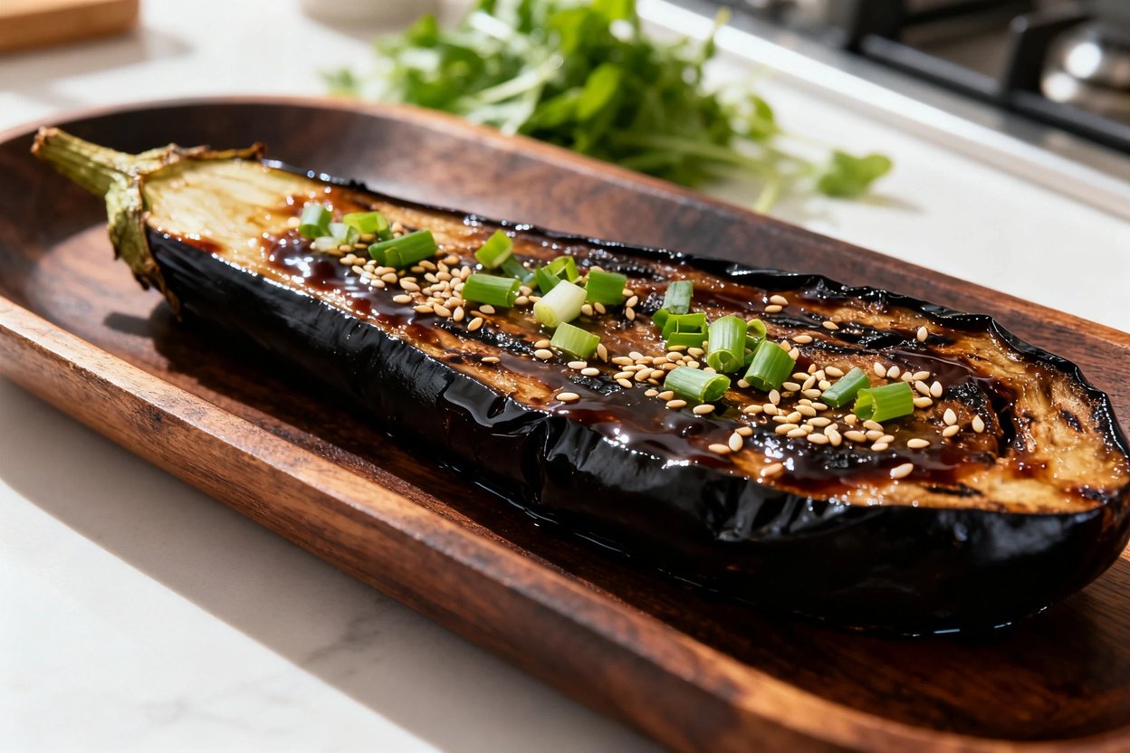 30–45 degrees) of the grilled eggplant with miso glaze, plated on dark wood serving ware. The dish