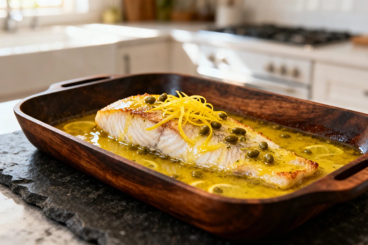 Beautifully capturing three portions of Paleo AIP Baked Cod with lemon caper sauce on a serving plate.
