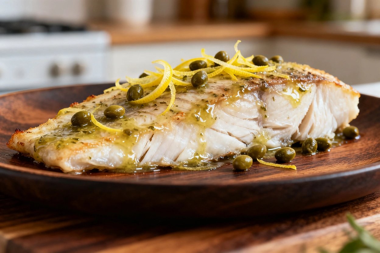Close-up view of the baked cod fillet on a dark wood serving plate, highlighting the vibrant lemon caper sauce.