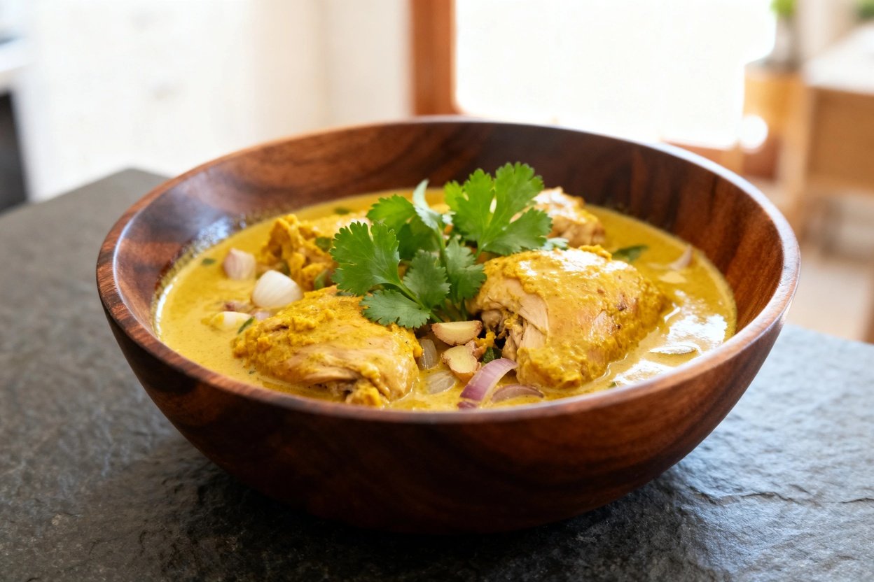 Golden curry featuring tender chicken thighs immersed in a creamy sauce of coconut milk, turmeric, ginger