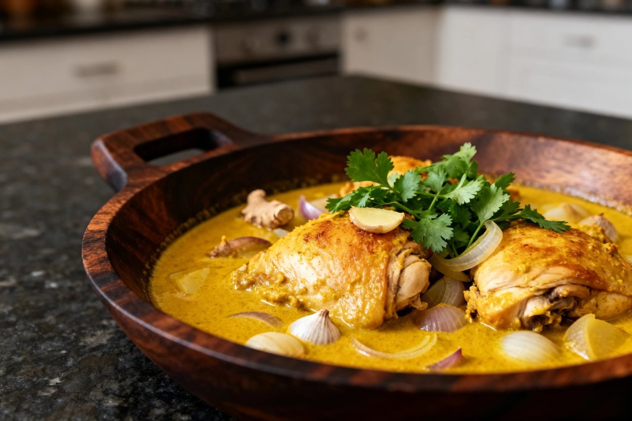 Coconut turmeric chicken curry, revealing the succulent chicken thighs in a lush coconut turmeric sauce