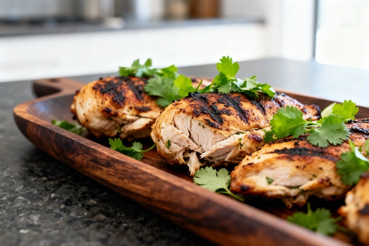 cusing on the texture of the Paleo Grilled Cilantro Lime Chicken. The dish is plated on dark wood se