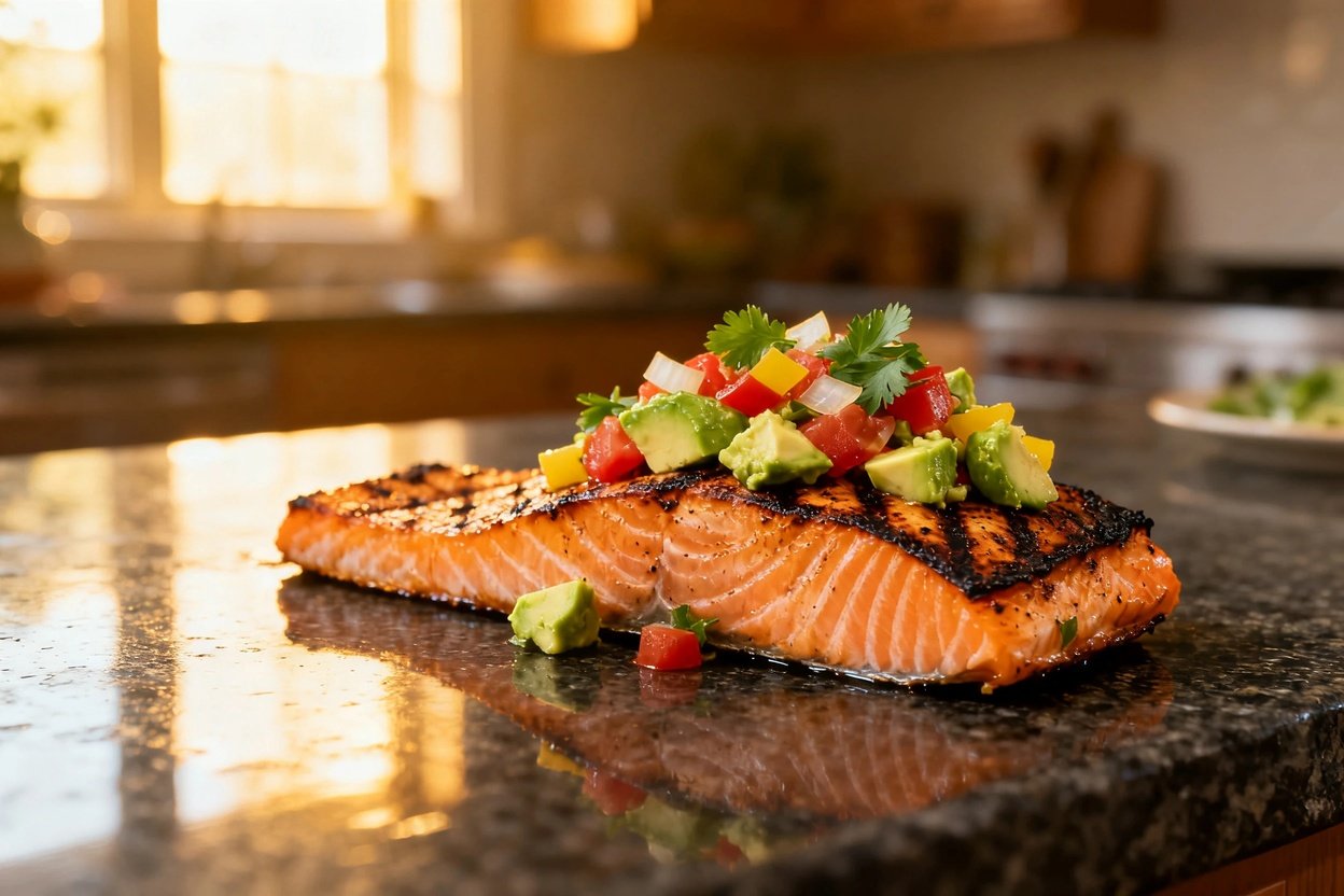 -40 degrees perspective of the same grilled salmon dish with avocado salsa. This image captures the