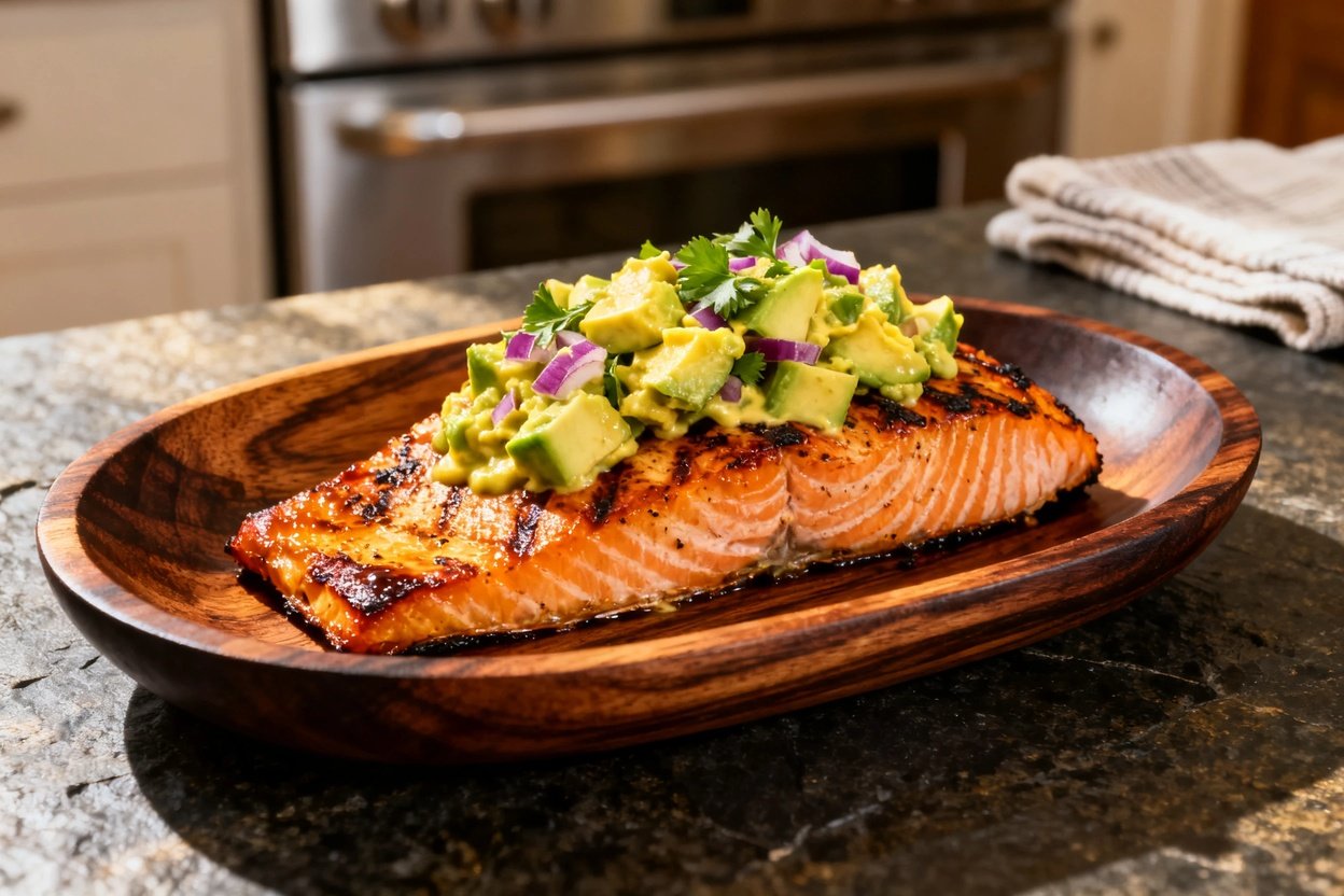 5 degrees, focusing on the texture and vibrant colors of the grilled salmon and avocado salsa. Posit