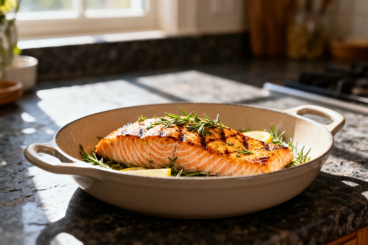 -40 degrees showcasing the same Lemon Herb Grilled Salmon fillet. The portion is centered, presented