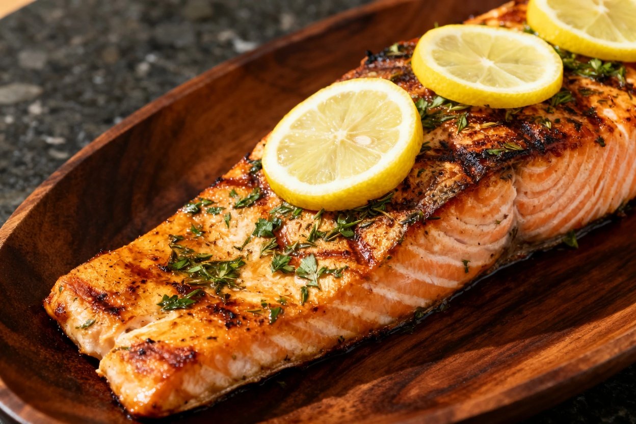 angle, focusing on the texture and color of the Paleo Lemon Herb Grilled Salmon. The salmon fillet