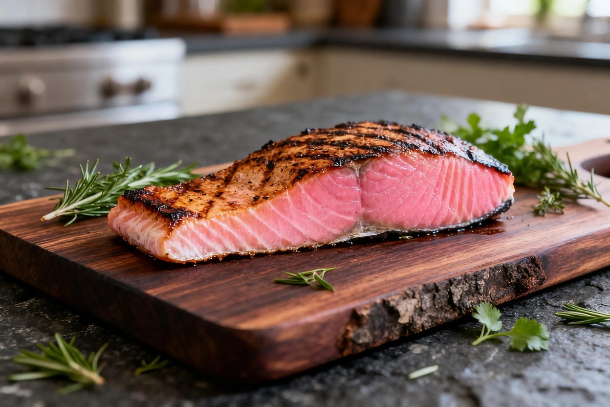 40 degrees, camera perspective of the same grilled salmon fillet as in Image 1. The salmon is displa