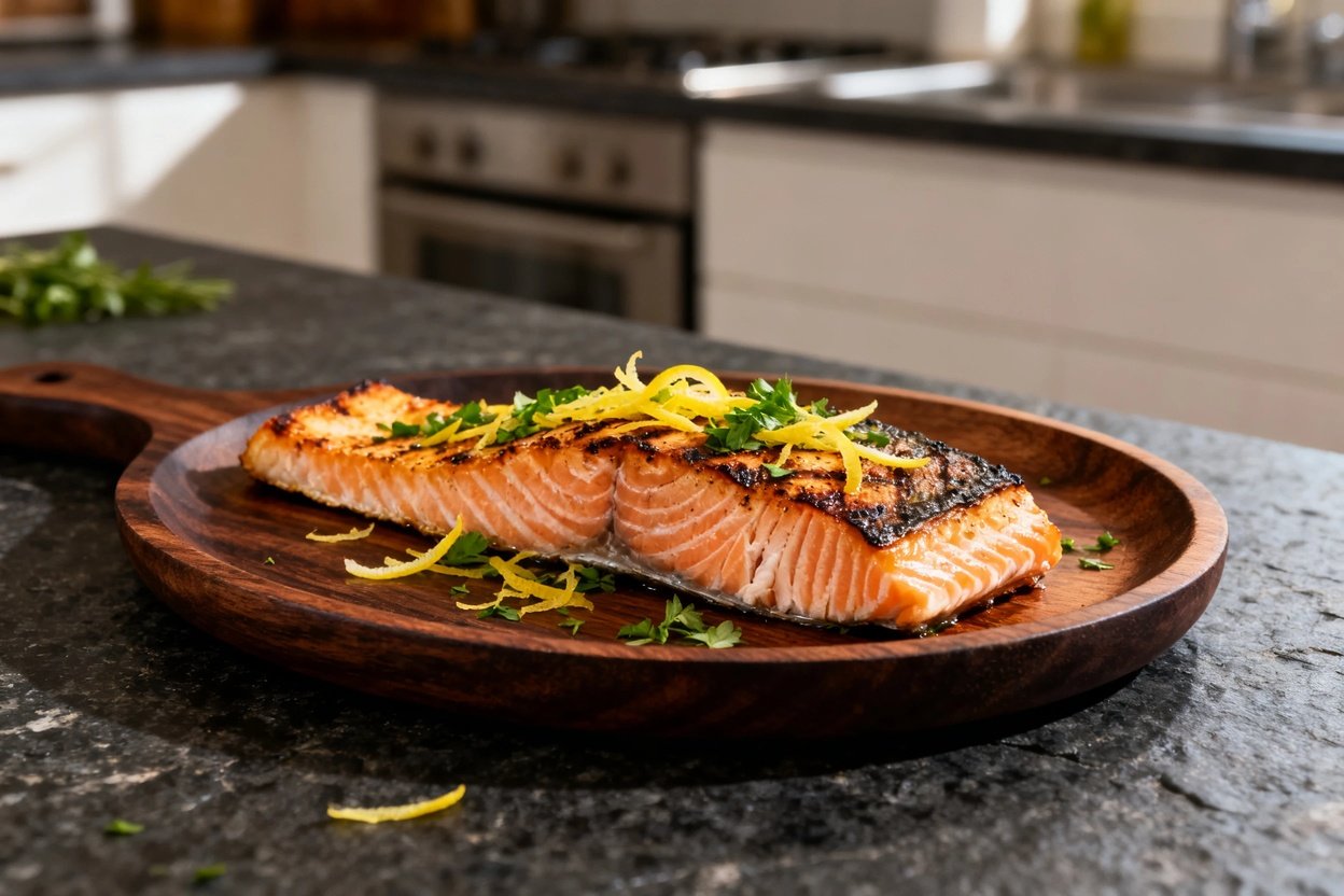 degrees, hero shot of the finished grilled salmon fillet. Placed on a dark wood serving plate, the