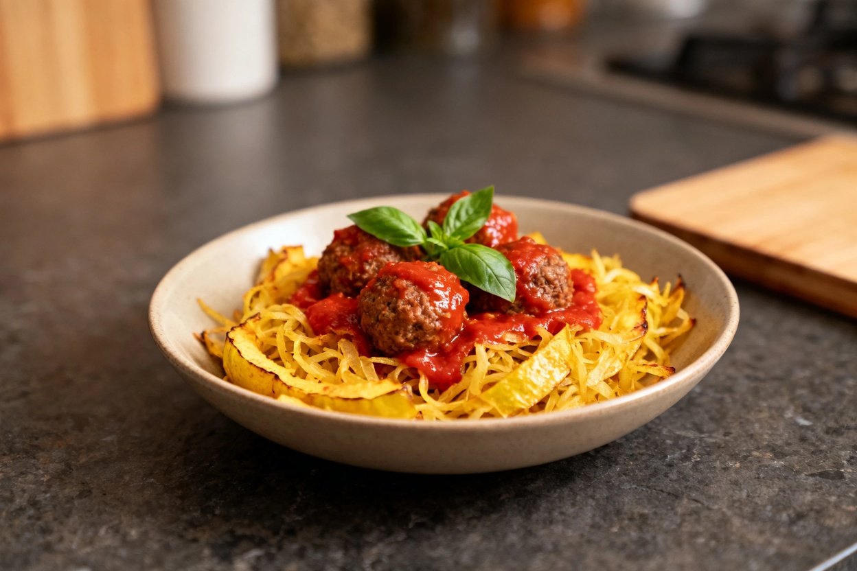 Spaghetti squash strands topped with bison meatballs simmered in tomato sauce, garnished with fresh