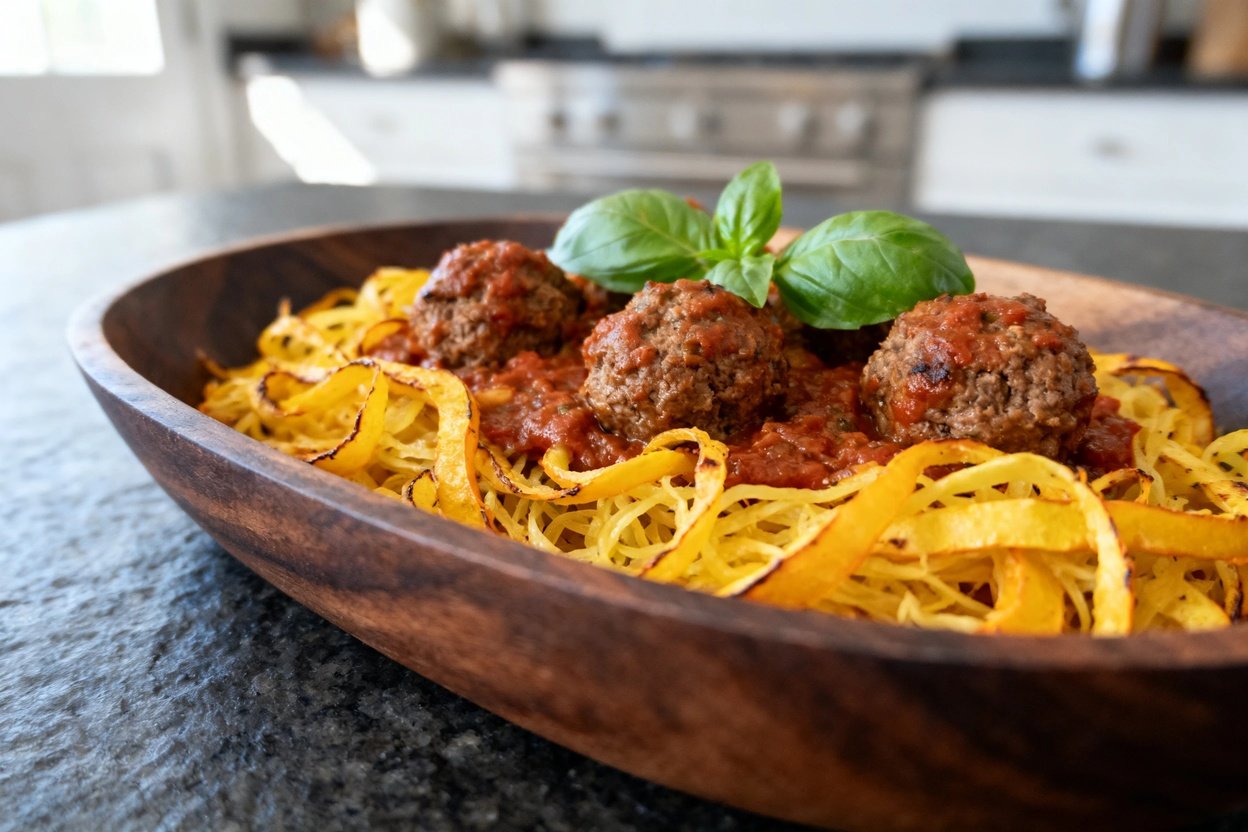 Close-up of the dish focusing on the texture and ingredients, the roasted spaghetti squash strands weave a
