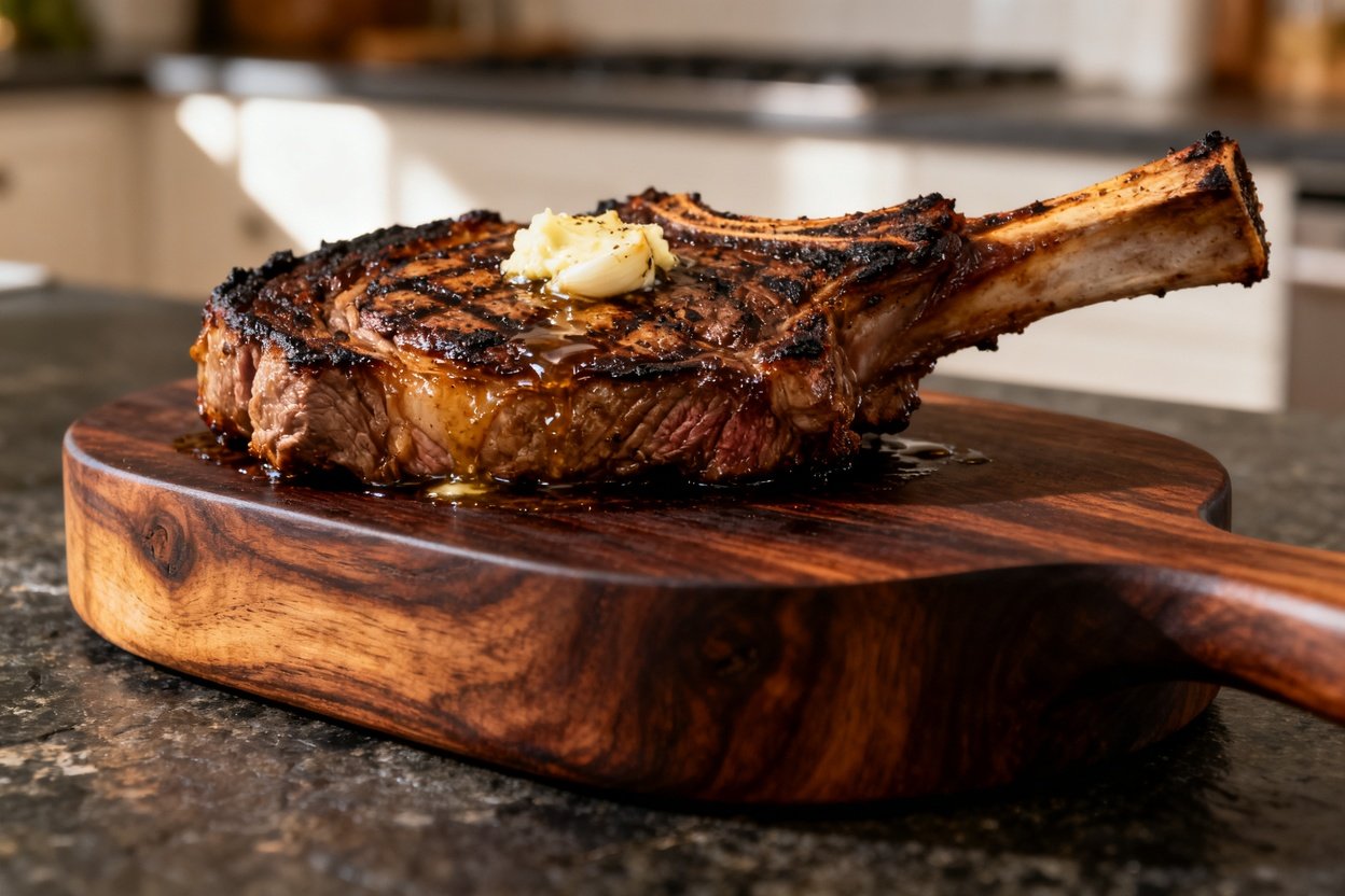 iew of the same grilled ribeye steak from Image 1, maintaining the portion size and presentation. It