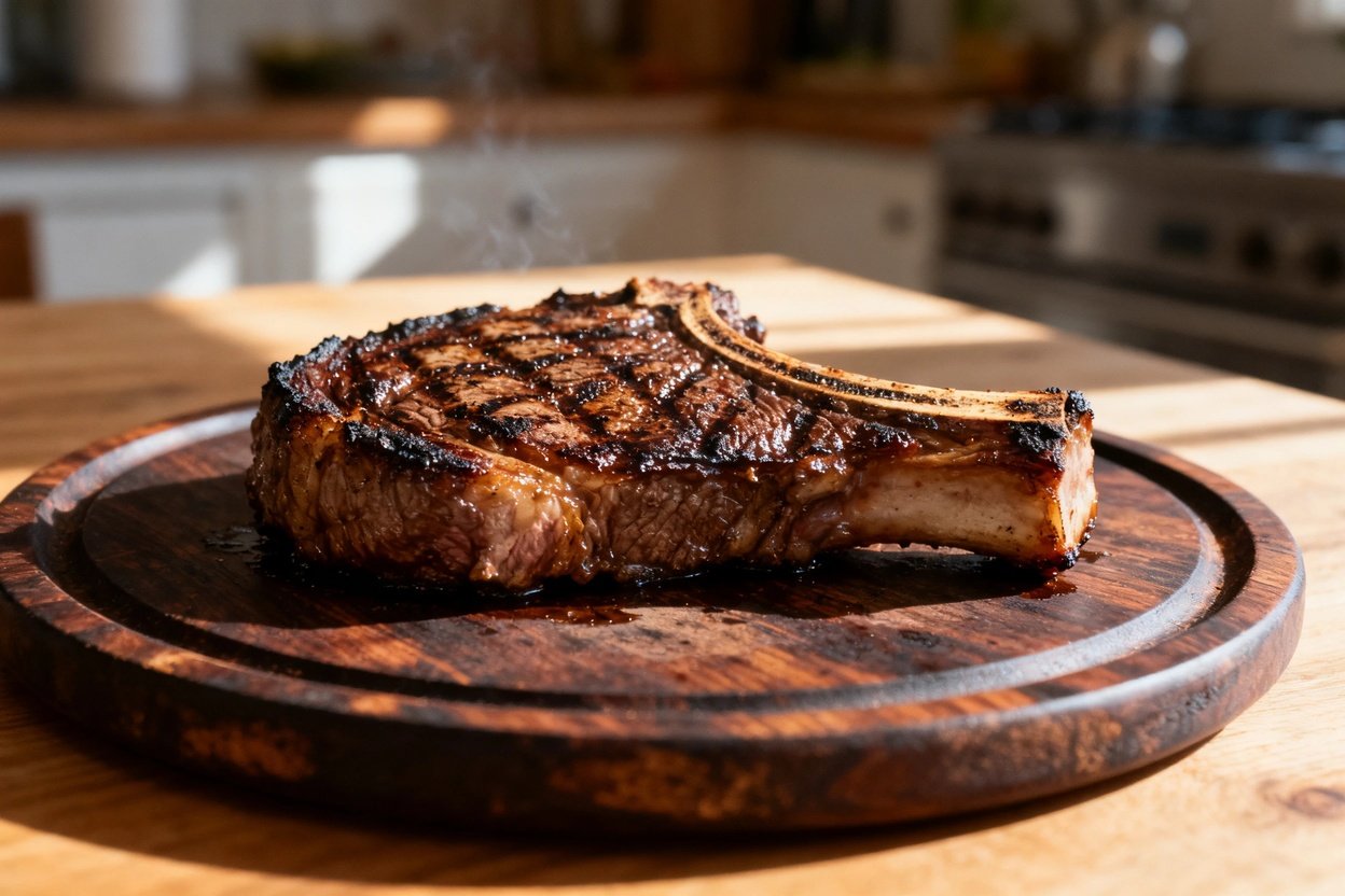 ) of the grilled ribeye steak from Image 1, highlighting the texture and smoky char. Plated again on