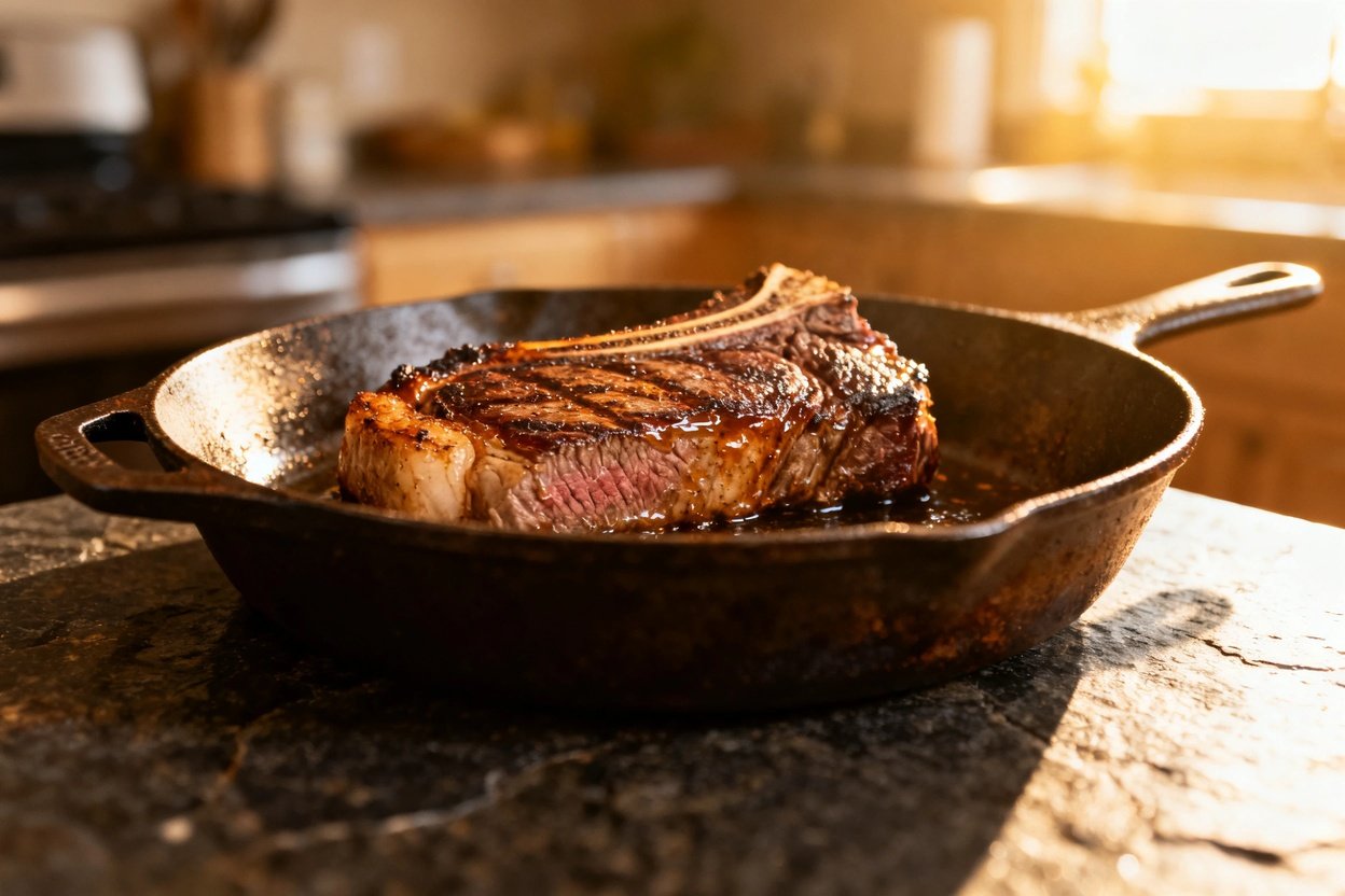 Degrees, showcasing the same pan-seared ribeye steak inside the original cast iron skillet used for cooking.