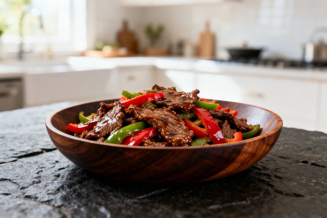 tir-fried beef with bell peppers, capturing the same portion as the first image. The dish sits in a
