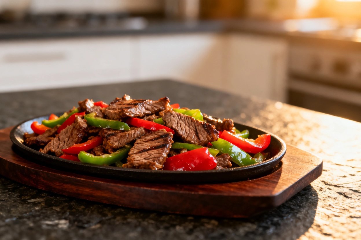 e, emphasizing the texture of the stir-fried beef and bell peppers. The dish is plated on dark wood