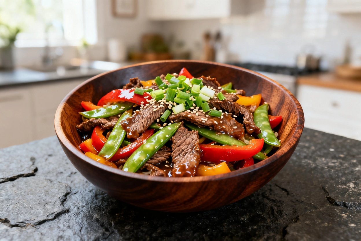 ly 30-40 degrees, of the vibrant beef stir-fry in a dark wood serving bowl. The dish features thinly