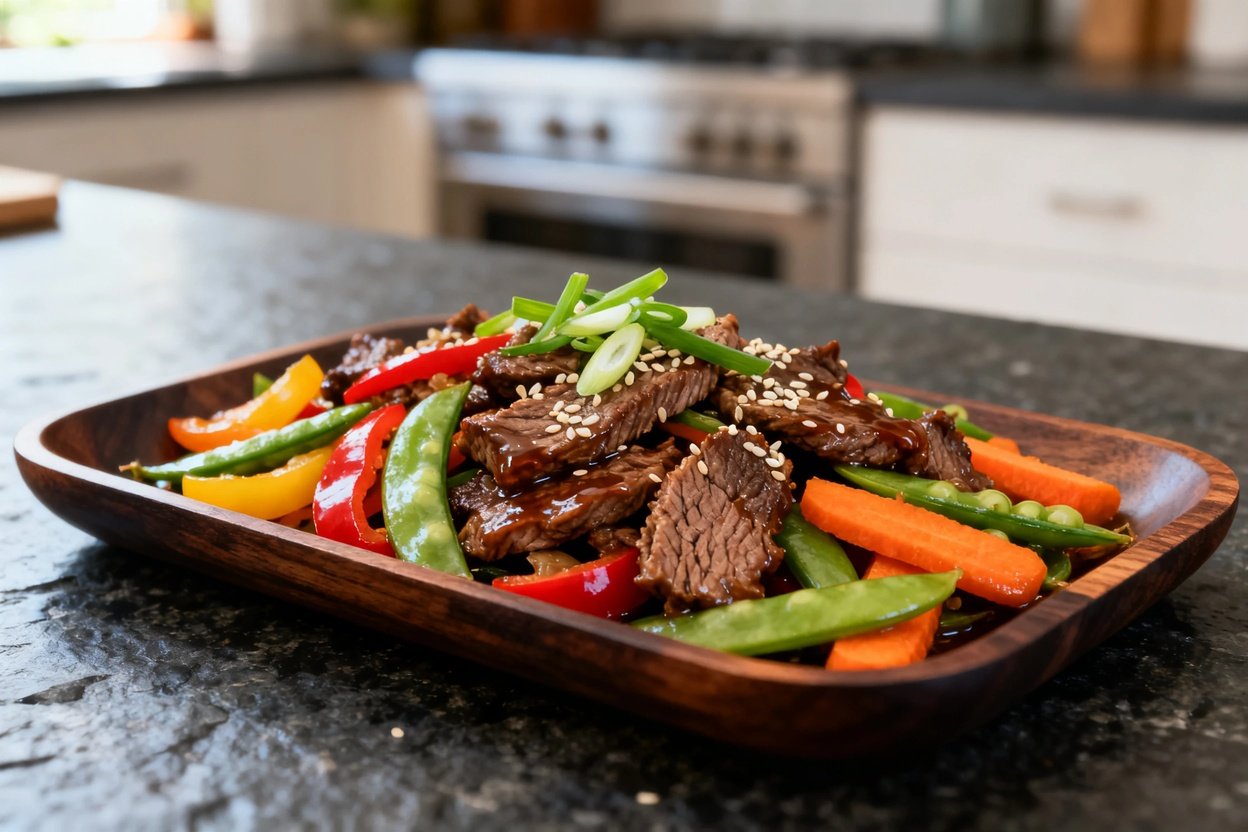 30-45 degrees focusing on the textures of the beef stir-fry plated on a dark wood serving dish. The