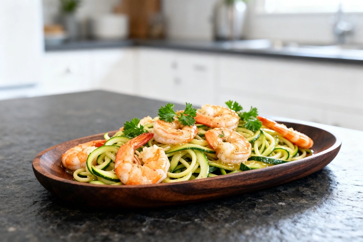 Degrees of the same garlic butter shrimp and zucchini noodles meal. The focus is on the tender shrim