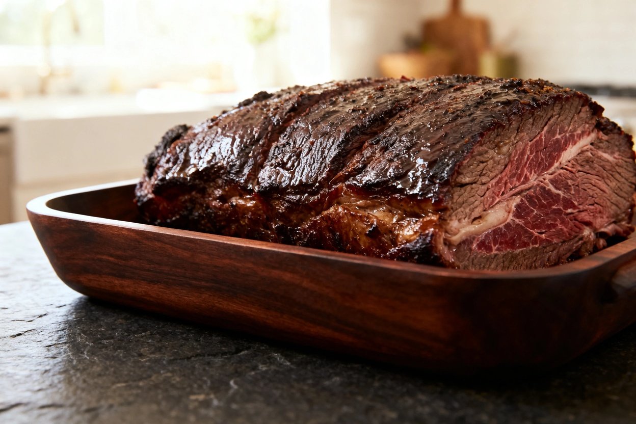 A tasty beef brisket. Cooked to perfection with a golden crust.