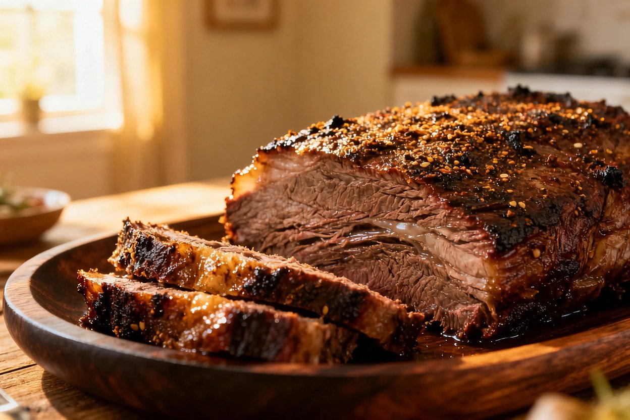 sliced brisket close-up, showcasing tender beef.