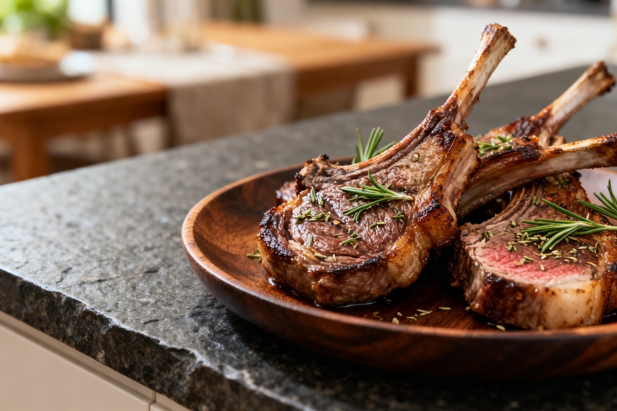 chops plated on a dark wood dishware, captured at an angle of approximately 30-45 degrees to emphas