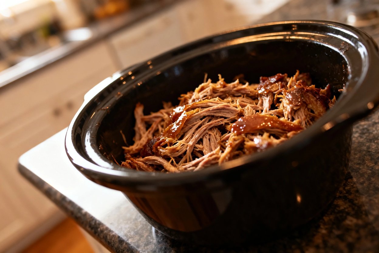 , 30–40 degree perspective of the slow-cooked pulled pork, still in the final cooking vessel used in