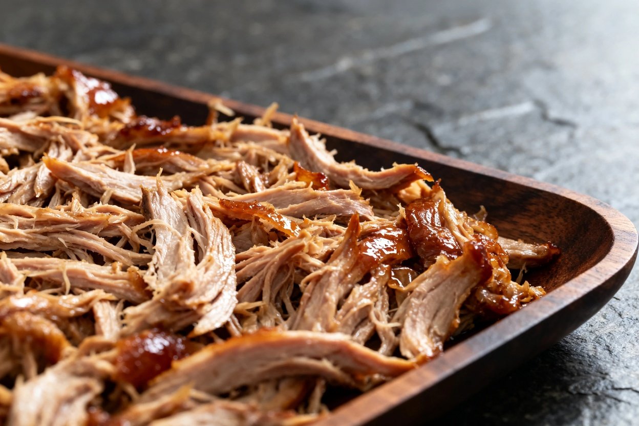 of the slow-cooked pulled pork, highlighting its tender, juicy texture and rich color. The pork is p