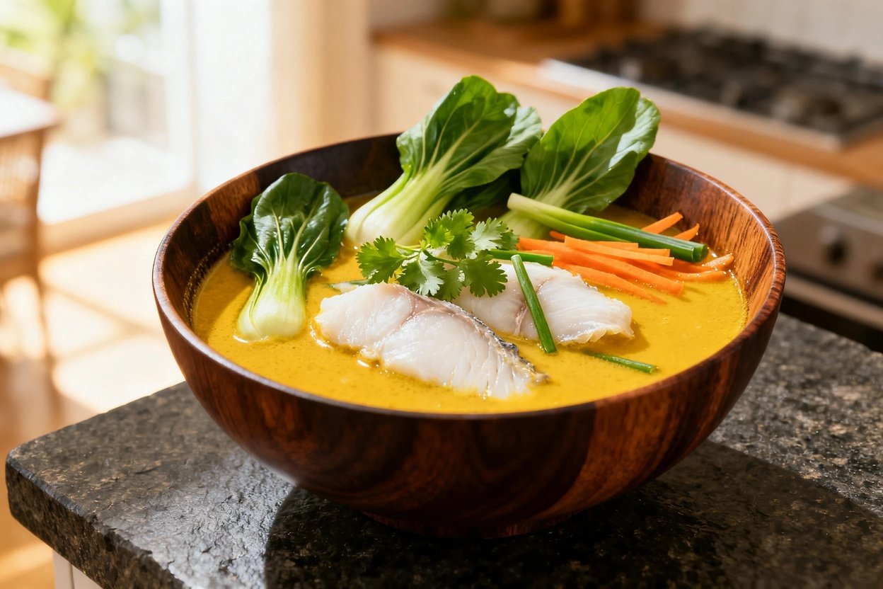 oconut Lime Fish Curry served in a dark wood bowl, maintaining the same portion size and presentatio