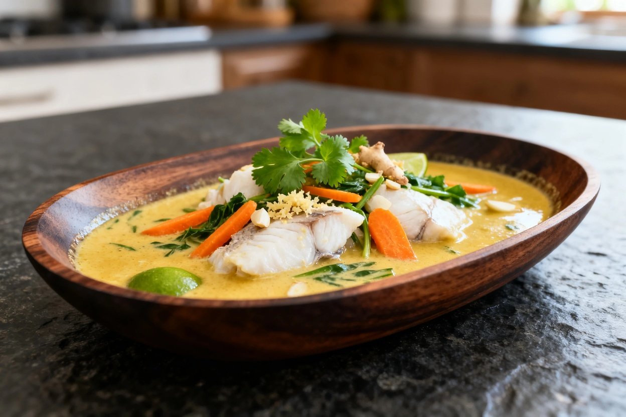 ly 30–45 degrees, focusing on the texture and detail of the Coconut Lime Fish Curry. Positioned on t