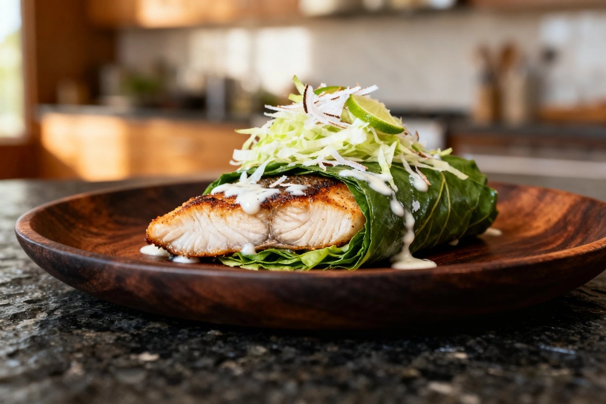30–45 degrees, focusing on the detailed texture of the seared fish wrapped in greens, garnished with