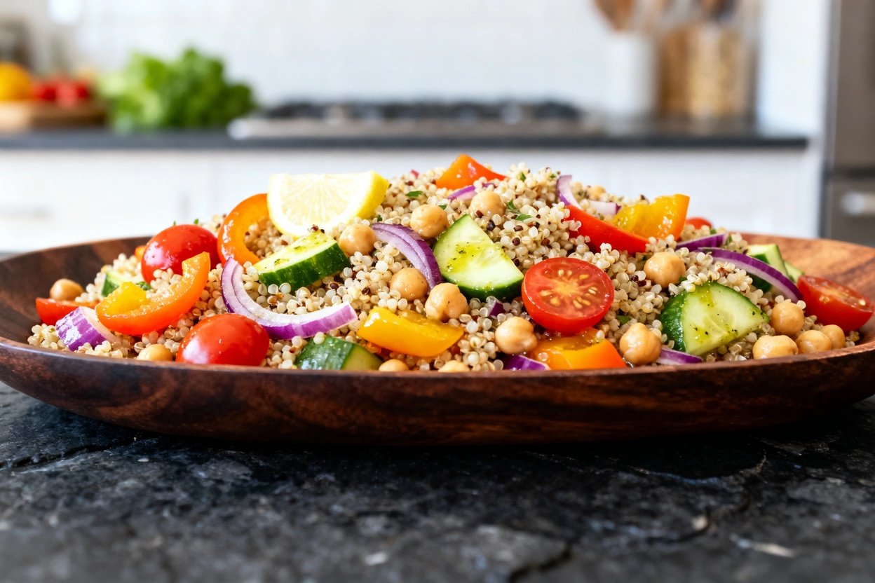 Quinoa salad featuring bell peppers, cherry tomatoes, cucumbers, red onion, and chickpeas, tossed in a flavorful dressing