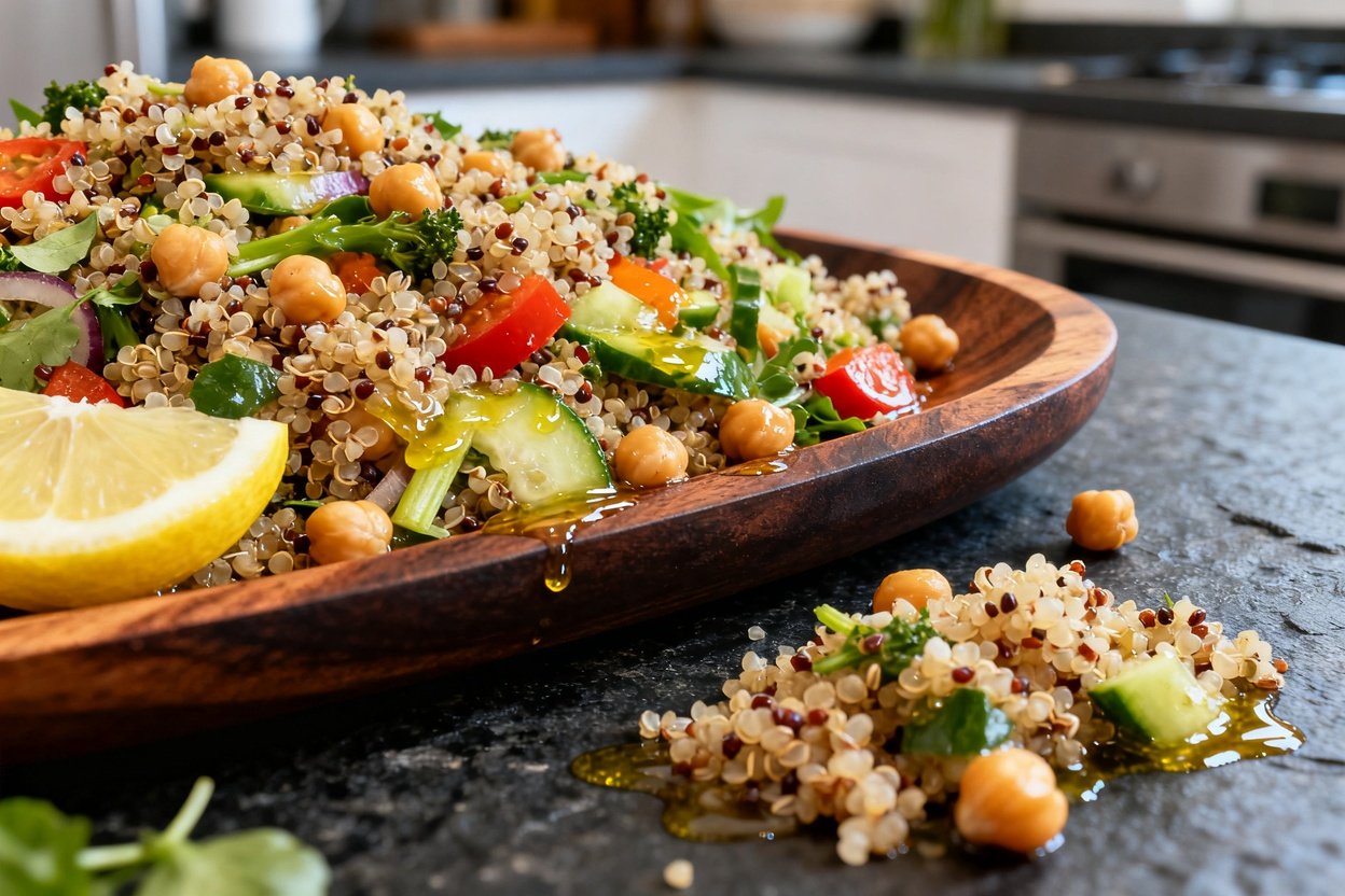 A close-up shot focusing on the vibrant quinoa salad, plated beautifully