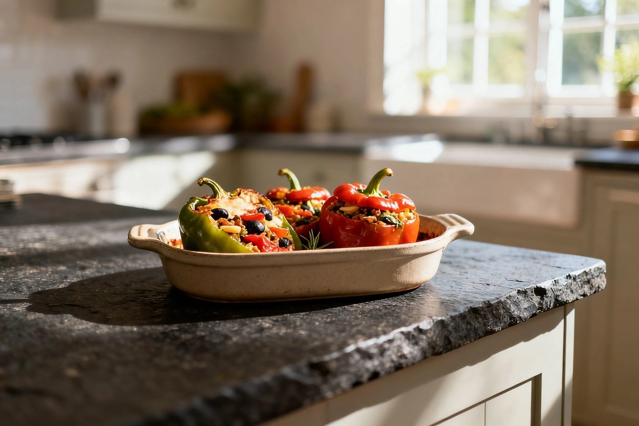 A slightly angled perspective of the Mediterranean stuffed bell pepper, approximately 30-40 degrees.
