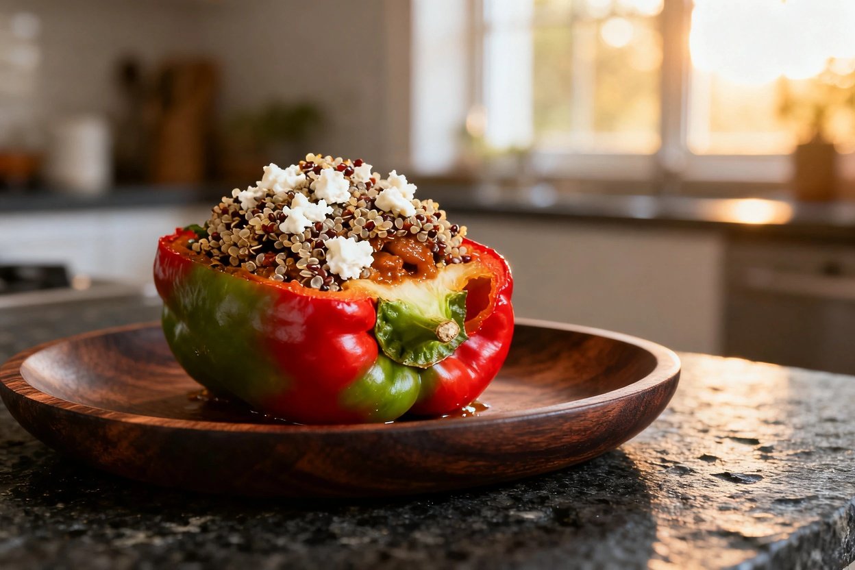 A close-up shot, at approximately 30-45 degrees, emphasizing the texture of the Mediterranean stuffed bell pepper.