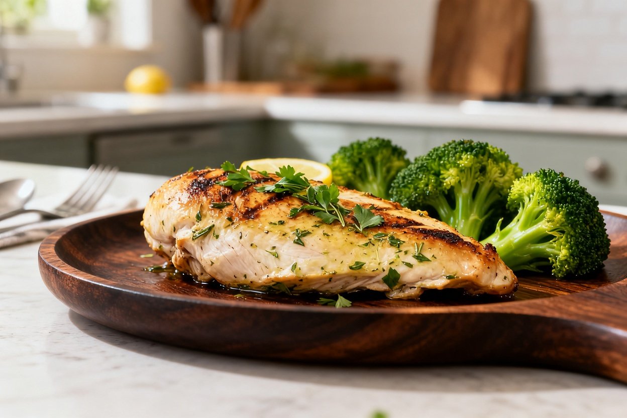 approximately 30-45 degrees, emphasizes the texture of the zesty low-carb lemon herb chicken breast