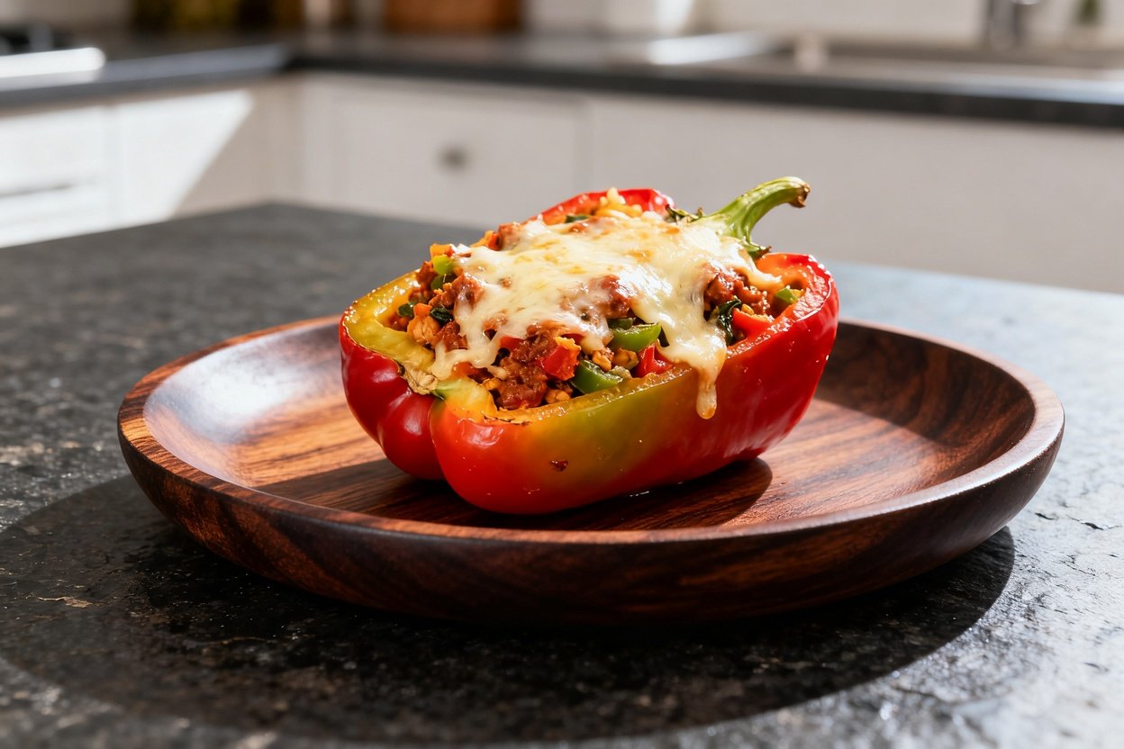 uffed bell pepper on a dark wood serving dish, taken from approximately 30-45 degrees. The focus is 