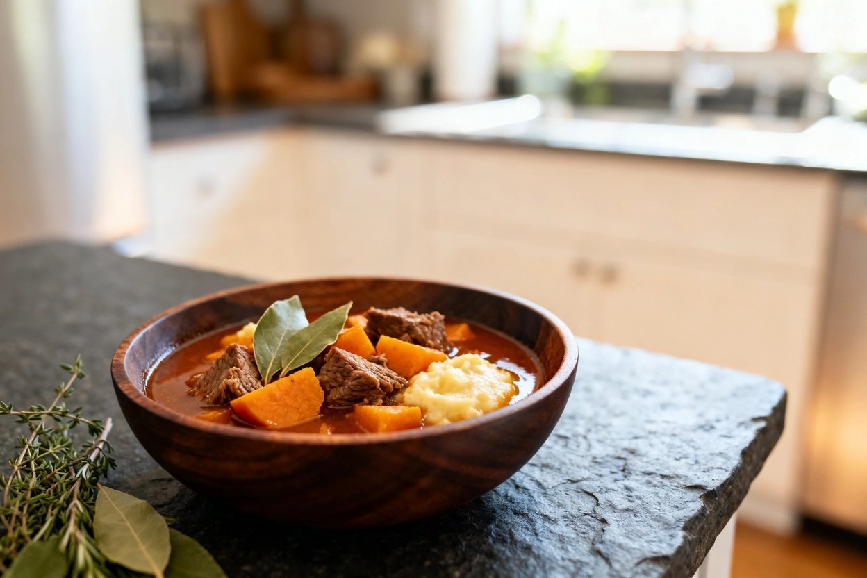 Cooker Beef and Sweet Potato Stew, shown at a 30–40 degree angle. The stew, with tender beef chunks