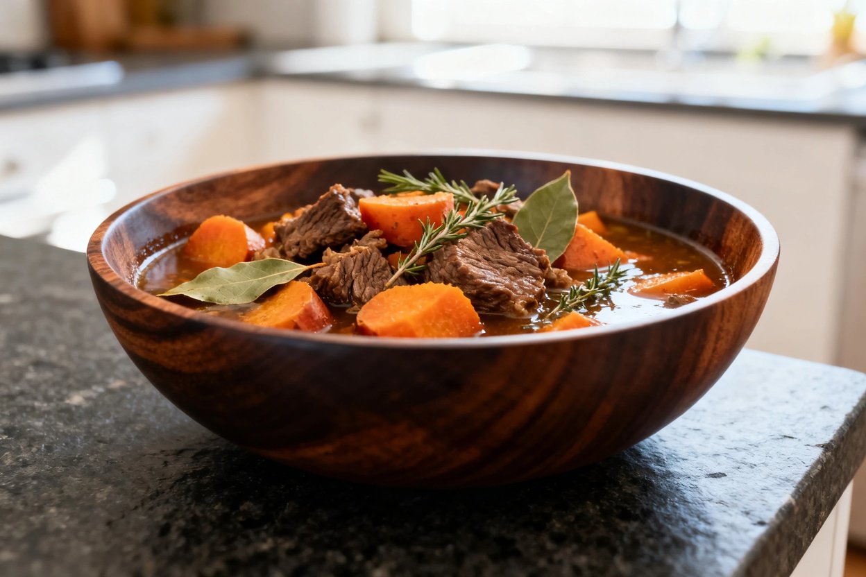 hearty stew, emphasizing texture and color, at a 30–45 degree angle. The beef and sweet potatoes app
