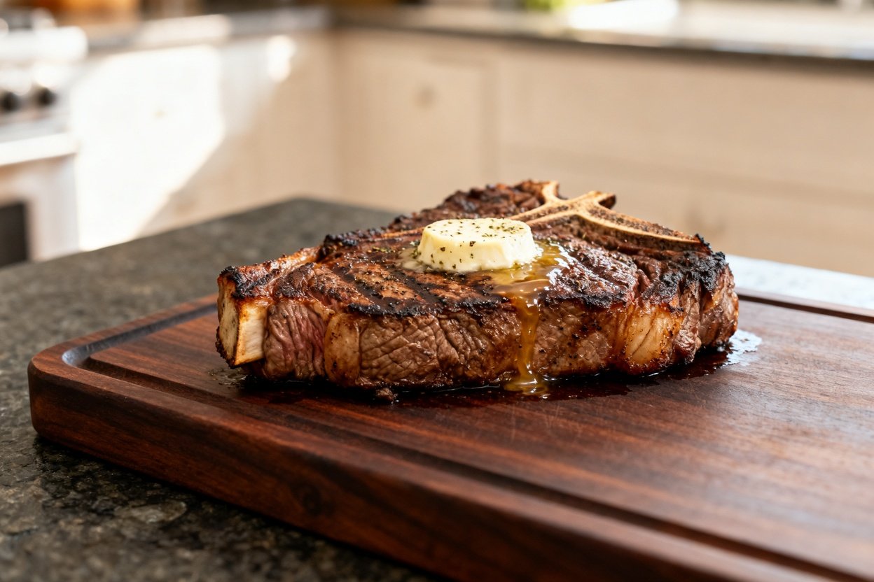   centered on a dark wood serving platter, poised delicately over the dark stone countertop. The stea