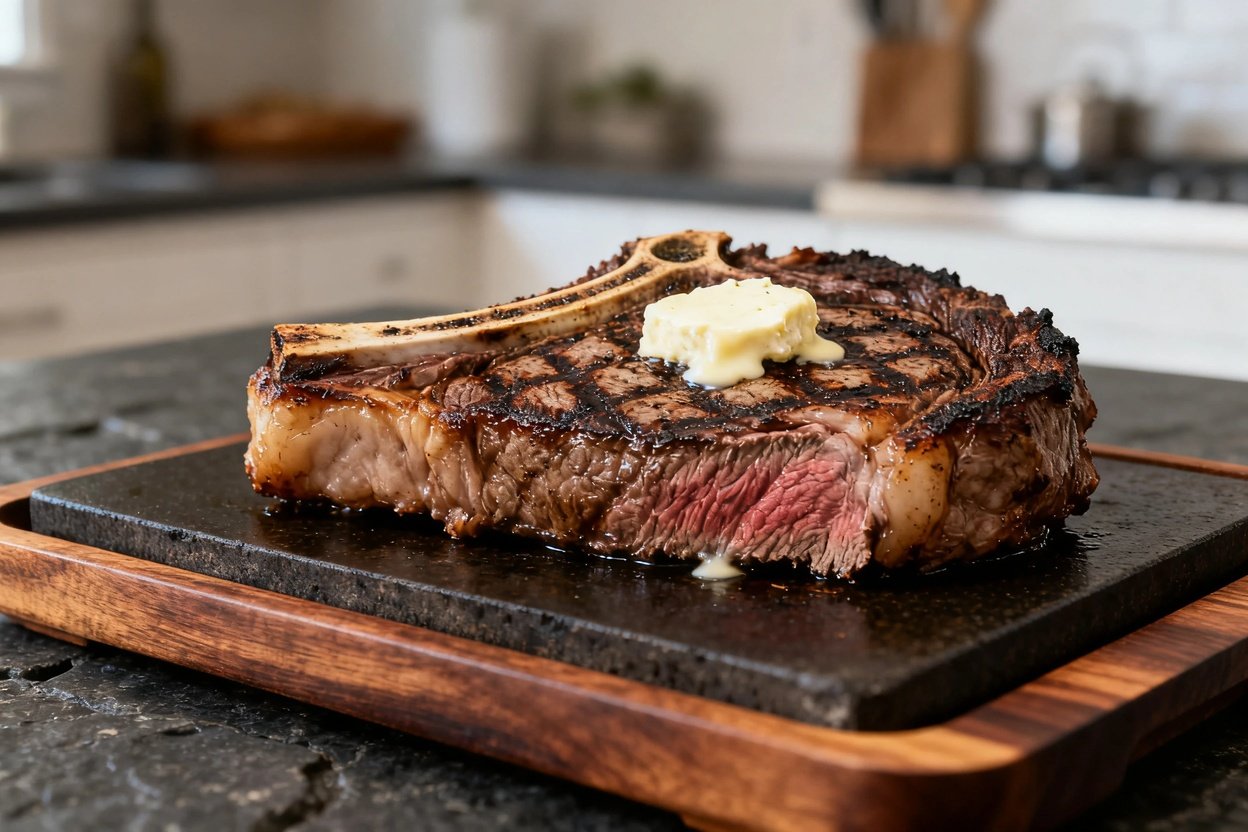 on a dark wood serving dish, its marbled texture and grilled crust enhanced by the melting bone marr