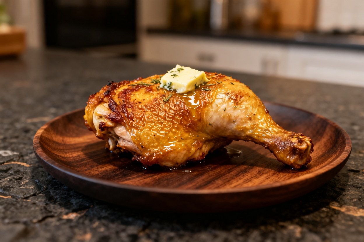 at 30-40 degrees, showing the same single serving of a roasted chicken thigh with crispy skin, on a