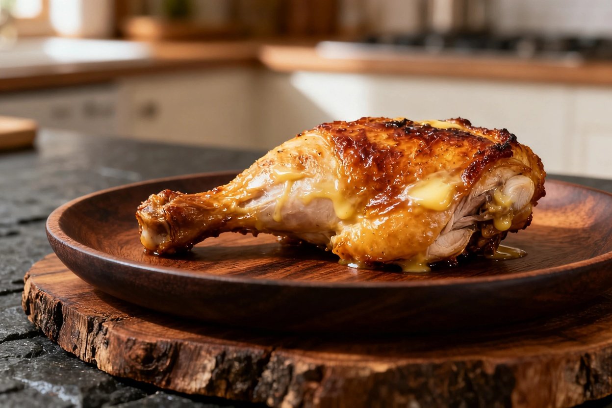 focusing closely on the texture of the roasted chicken thigh with its crispy skin and rich, buttery